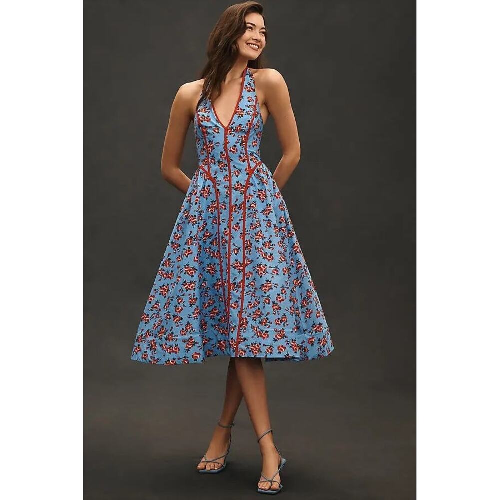 NWT by ANTHROPOLOGIE sz L Halter V-Neck Fit and Flare midi dress in blue floral